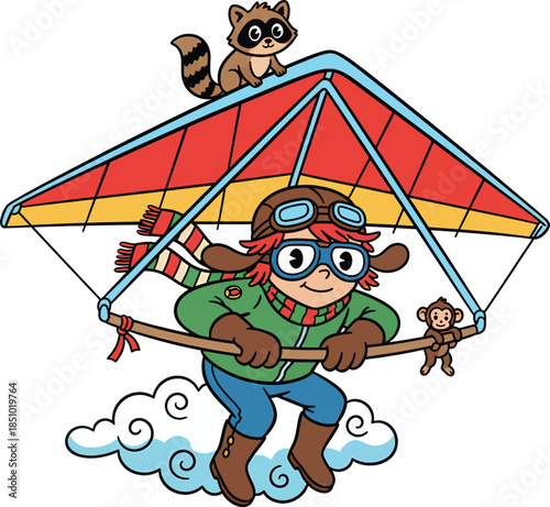 Whimsical Hang Gliding Adventure with Pilot, Raccoon, and Monkey  Vintage-Style Vector Illustration