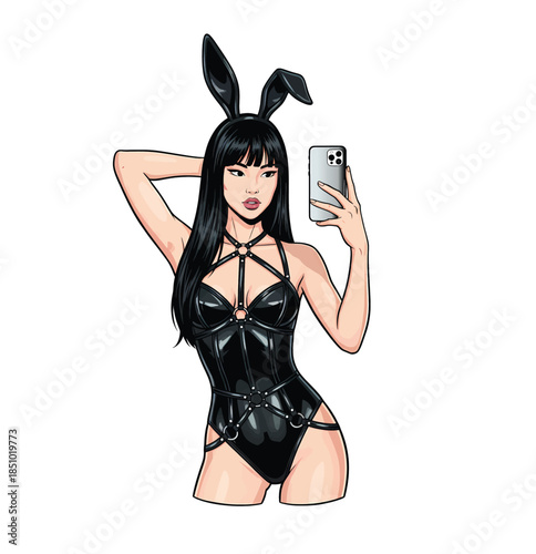 Sexy woman in black latex bunny costume taking mirror selfie vector illustration