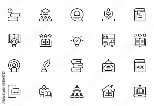 Set of 20 Classroom and Library web icons in line style study space icon, quiet area badge, library tag, group study file, classroom environment board, study room chart