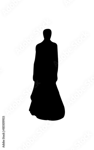 Regal Woman Silhouette Standing in Grand Ball Gown on Isolated White Background