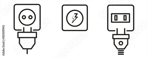 Collection of electrical plug icons, socket connections with plugs, representing electrical devices, from electrical outlets and plugs to lightning and energy symbols, vector illustrations, isolated o