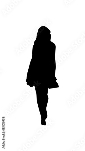 Dynamic Woman Silhouette Walking Confidently in Short Dress on Isolated White Background