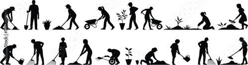 Gardening silhouettes, people working in garden, shovel, rake, wheelbarrow, watering plants, planting, landscaping, soil care, outdoor activity, agriculture