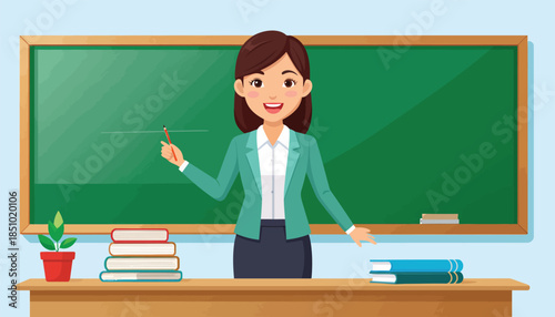 Friendly female teacher with a warm smile presenting in a classroom, ready for an engaging lesson on a green chalkboard