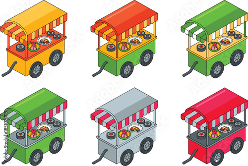 Tropical street food cart illustration set, colorful isometric vendor carts collection for mobile food business design marketing branding vector graphics