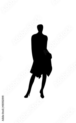 Fashionable Woman Silhouette Posing in Short Coat and Heels on Isolated White Background