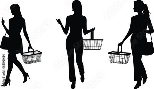 Shopping women silhouettes, handbag, basket, walking pose, consumer behavior, retail activity, black vector, casual fashion, gesture, motion, female