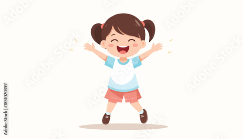 Joyful young girl with pigtails and open arms, wearing a t-shirt and shorts, exuding happiness and excitement
