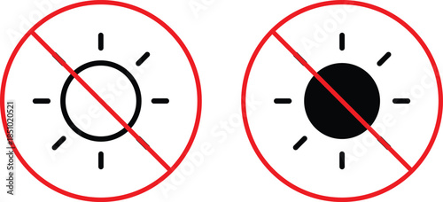 no sun icon. Sunlight Restricted Icons. No sun symbol. UV protection graphic design. Sunshine forbidden icons. Forbidden Sunshine Symbols
