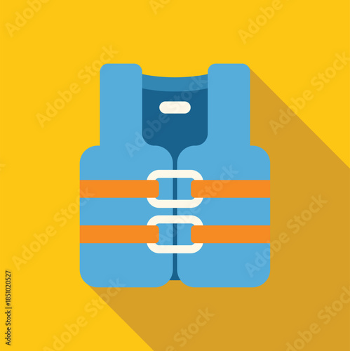 Blue life jacket with orange straps and white buckles on a yellow background