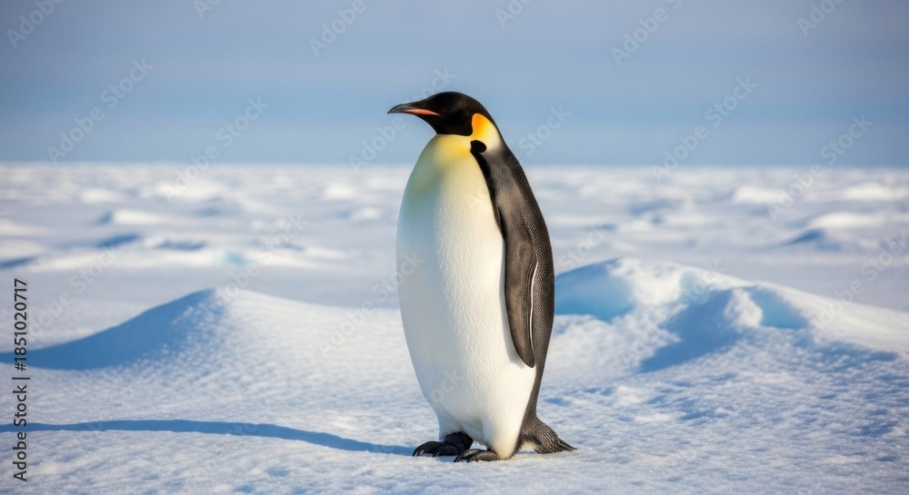 Fototapeta premium Emperor penguin stands on snow against blue sky