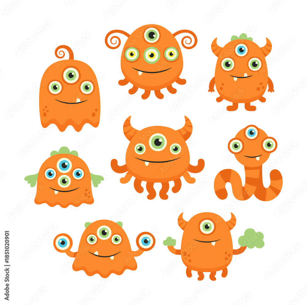 Fototapeta premium Cute orange cartoon monsters characters set for kids