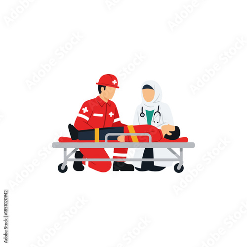 Medical professionals assisting injured person on stretcher.