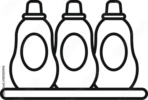 Three outline bottles of detergent or softener on a shelf for laundry and cleaning