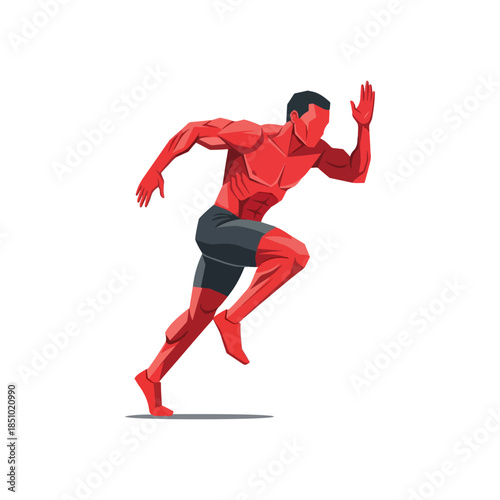 Red dressed athlete mid sprint running pose.