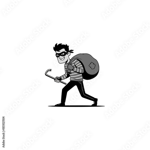 Cartoon burglar with crowbar and sack walking away after a robbery.