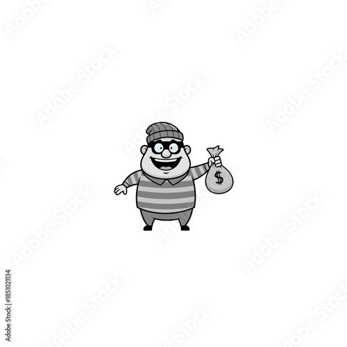 Cartoon thief holding a bag full of money.