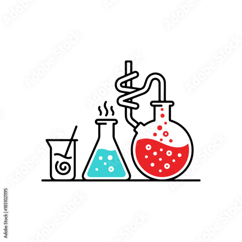 Chemistry laboratory glassware with beaker and flasks.