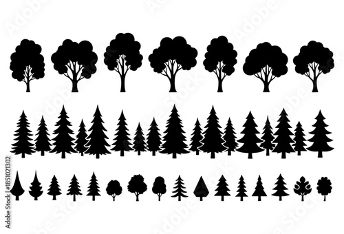 Collection of black tree silhouettes set including pine fir spruce and deciduous oak plants for nature forest landscape design