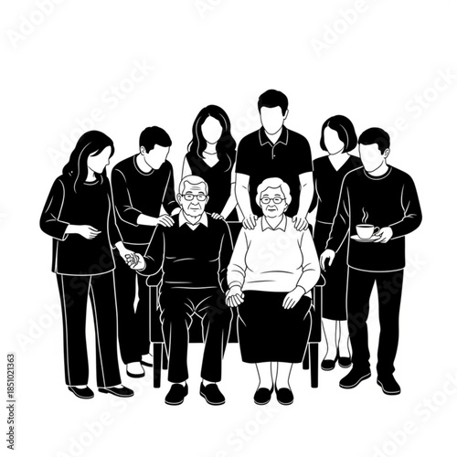 Elderly woman surrounded by family members in a black and white illustration