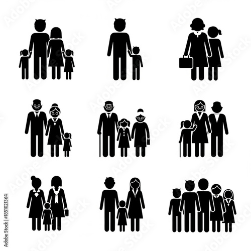 Collection of black silhouette family icons in various poses and relationships