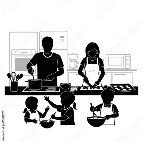 Family cooking together in a modern kitchen with children helping parents prepare a meal