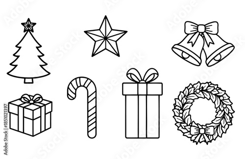 Set of black christmas outline icons including pine tree with star topper jingle bells with bow gift boxes candy cane and floral wreath for holiday coloring book design