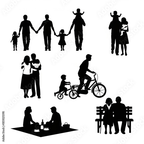 Silhouette of various family members and friends enjoying leisure activities together
