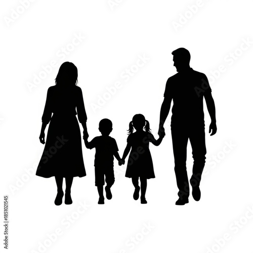 Silhouette of a family with two children walking together hand in hand on a