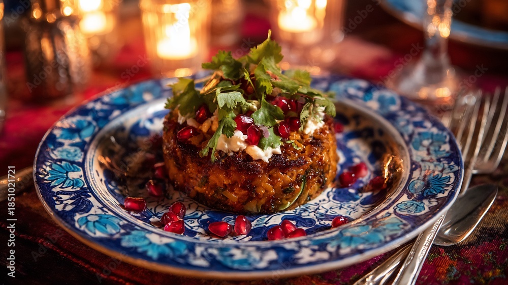 Fototapeta premium Food on a blue patterned plate with candles in the background, close-up view