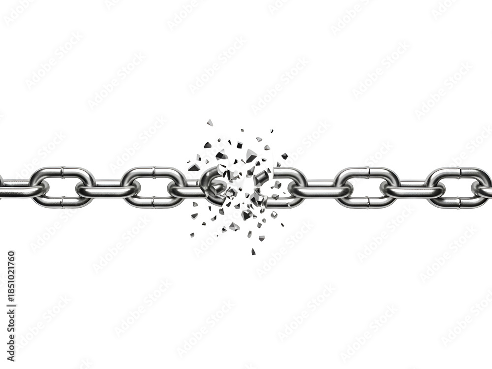 Fototapeta premium Broken Chain Shattering Link – Metal, Crisis, Security, Failure, Weakness Concept on white background