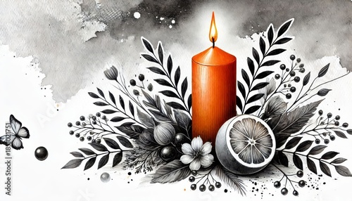 Watercolor illustration of burning orange candle with citrus, flowers and botanical elements, black ink splash on white background