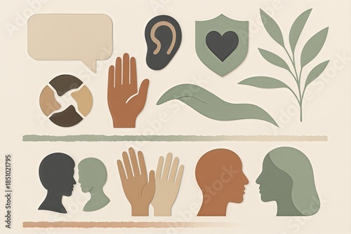 Abstract symbols of communication and connection featuring human hands silhouettes ears and heart shapes expressing empathy growth and interpersonal relationships in a harmonious composition