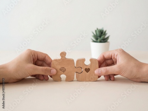 Hands connecting wooden puzzle pieces with brain and heart icons