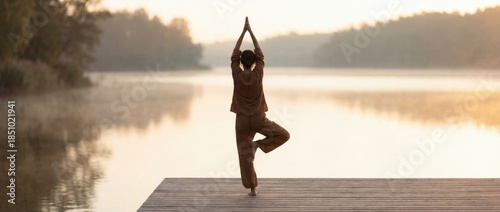 Person practicing yoga tree pose on lakeside dock at sunrise