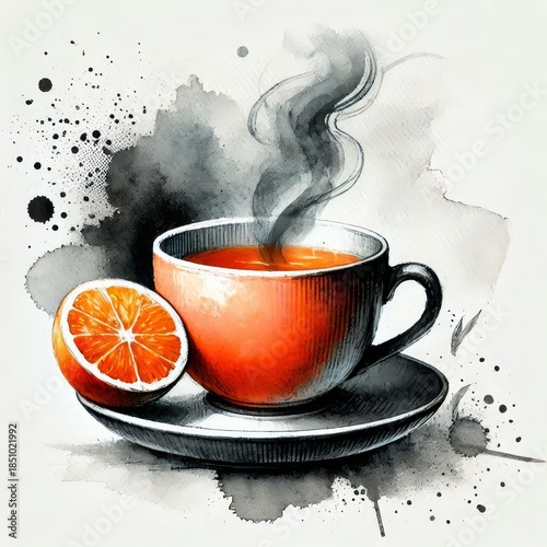 Watercolor illustration of hot tea in orange cup with steam and citrus slice, artistic ink splashes on white and gray background