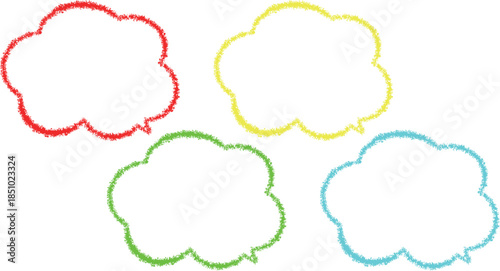 Colorful speech bubbles.  Each bubble has a "fuzzy" or "textured" outline, giving it a hand-drawn, crayon, or chalk-like appearance.　Each bubble features a different vibrant color.