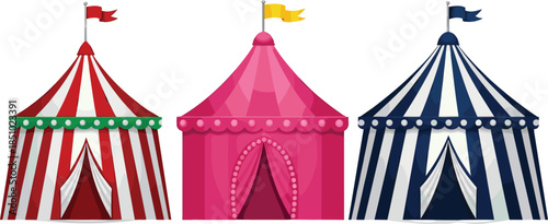 Colorful circus tent vector set featuring red pink and blue striped carnival marquees with flags for festival event designs.