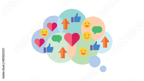 Social media icons and symbols in a thought bubble.