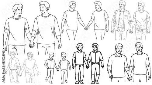 Minimalist line art collection of two men holding hands and walking together while smiling, representing gay couple, pride, friendship, and romantic relationship vector illustration set