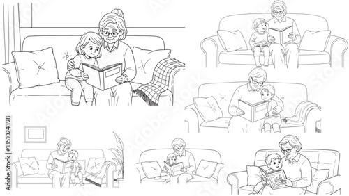 Minimalist line art vector collection of a grandparent reading a storybook to a child while sitting together on a couch, showing family generation bonding and education concept
