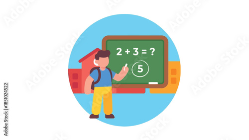 Student solving math problem on blackboard at school.