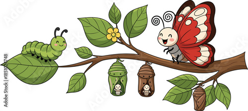 Cute cartoon butterfly life cycle vector featuring green caterpillar chrysalis cocoon and colorful butterfly on a leafy branch.