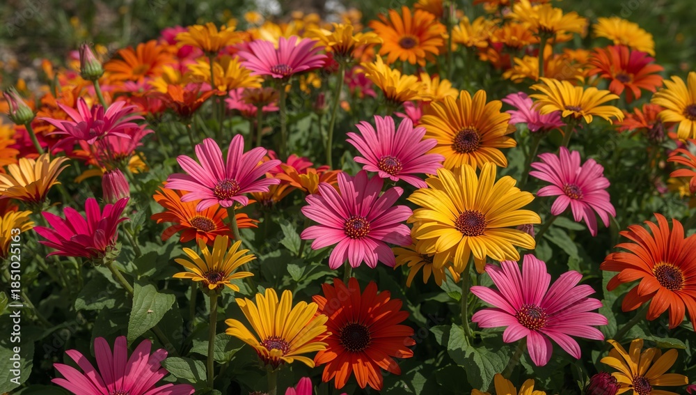 Fototapeta premium Vibrant Floral Medley. A Colorful Tapestry of Blossoms in the Sunlight Brightness.