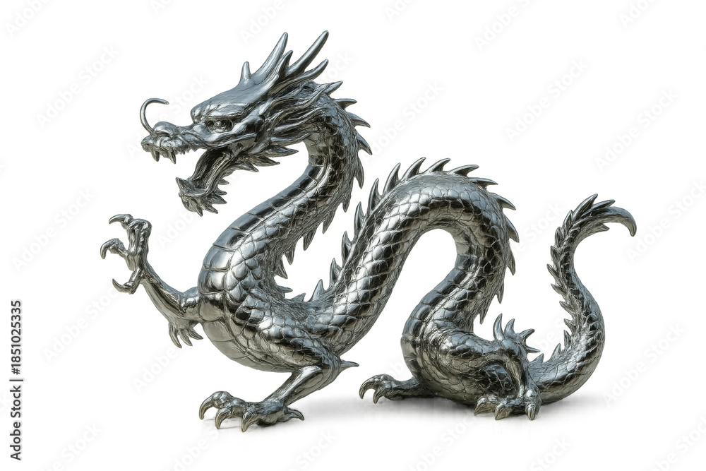 Obraz premium Silver chinese dragon sculpture representing power, prosperity, good luck, and strength on transparent background