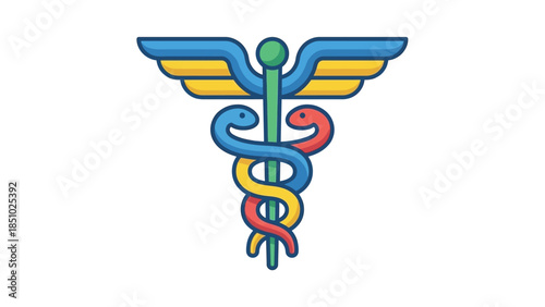 Stylized Caduceus Medical Symbol with Colorful Snakes and Wings.