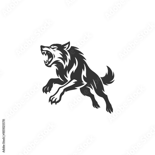 Dynamic wolf silhouette leaping powerfully forward with sharp teeth ready for action in black and white