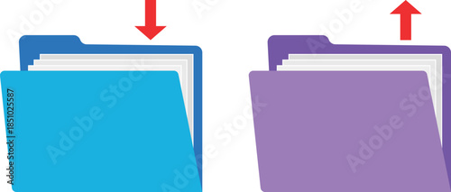 A side-by-side comparison illustrating download and upload processes using computer folder icons.