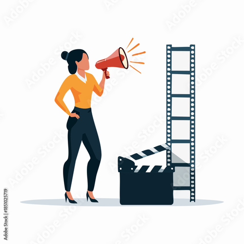 Female Director Announcing Production with Megaphone, Film Strip and Clapperboard