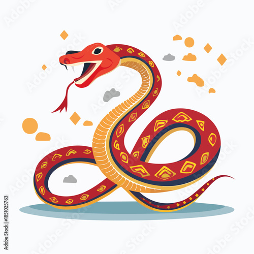 Stylized red and orange snake with fangs and tongue striking in a vibrant graphic illustration